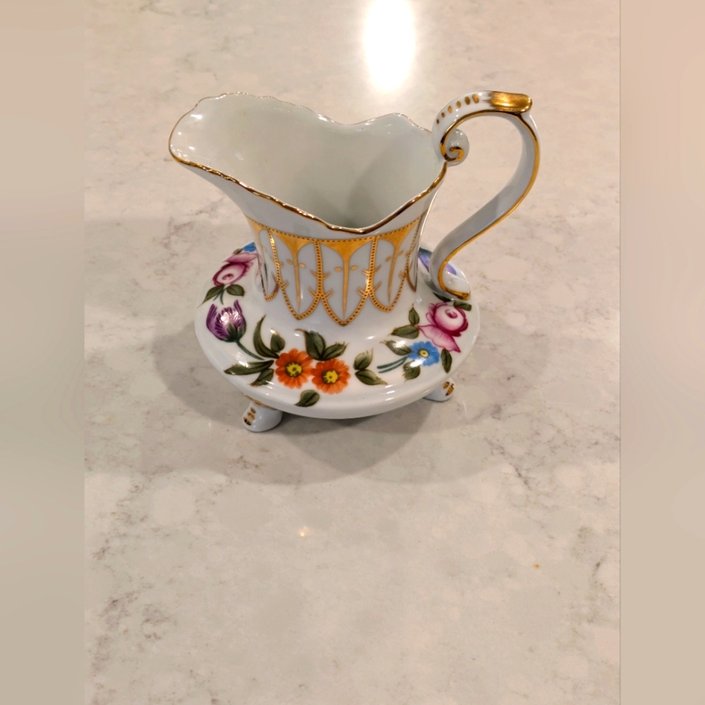 Vintage Floral Porcelain Pitcher with Gold Accents